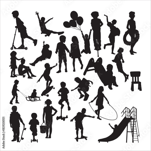 Many diverse kids silhouettes playing outdoors with scooter and toys
