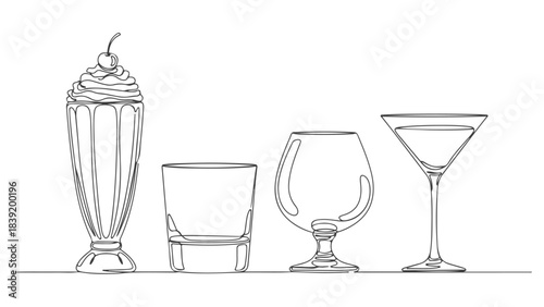 A detailed line drawing showcases four distinct types of glassware, each designed for specific beverages, arranged from left to right.