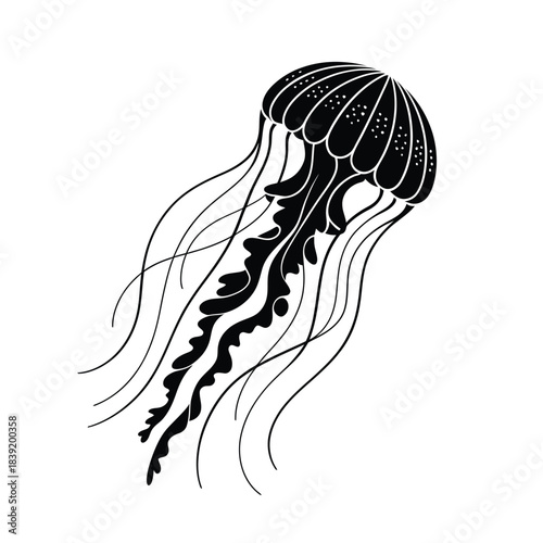 Black and white stylized illustration of a jellyfish with flowing tentacles
