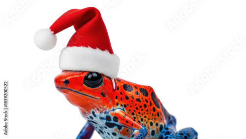 Colorful Poison Dart Frog Wearing Red Santa Hat for Christmas Holiday isolated PNG with Transparent Background