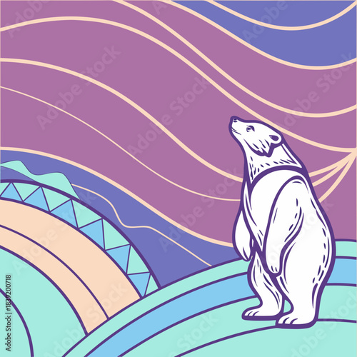 Stylized polar bear standing on abstract arctic landscape