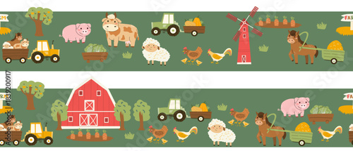 Vector farm border on green background. Farm house and mill, domestic animals - cows, sheep, horse and chickens. Cartoon farm horizontal border.