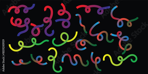 Colorful Abstract Wavy Line Shapes on Black Background – Vibrant Curved Strokes, Neon Fluid Scribbles, Modern Digital Art Pattern Illustration.