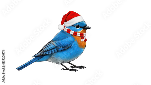 Cute Blue Bird wearing Red Santa Hat and Striped Scarf isolated PNG with Transparent Background