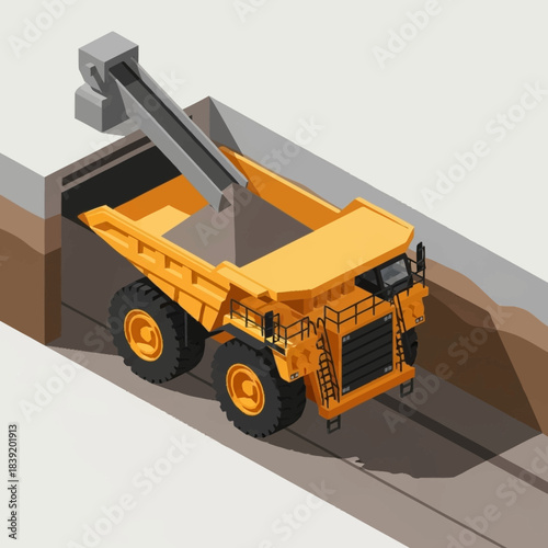 Giant yellow mining dump truck loading materials in an open pit mine.