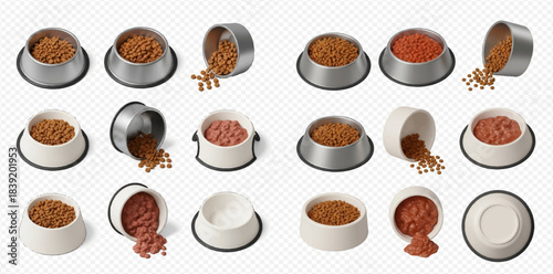 Set of pet food bowls with dry kibble and wet canned food for dogs and cats, isolated on transparent background.