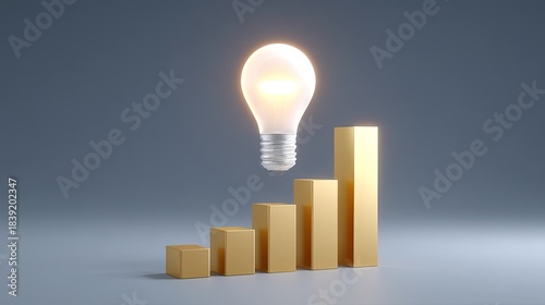 Creative concept of a floating light bulb above rising golden bar graphs, symbolizing innovation, growth, and success in business and finance sector.