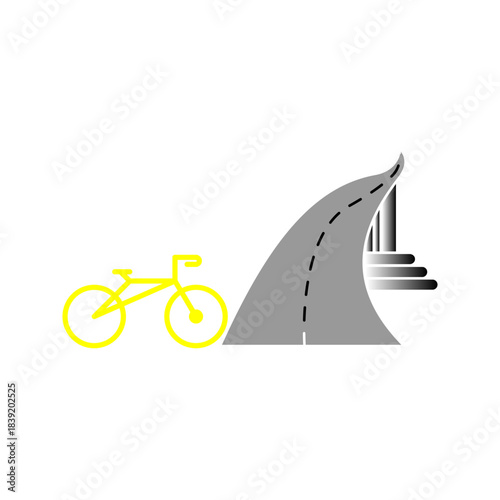 bicycle_road_icon A minimalist black silhouette icon showing a bicycle next to a curved road with dashed lane markings, representing cycling routes, bike paths, and transportation concepts.