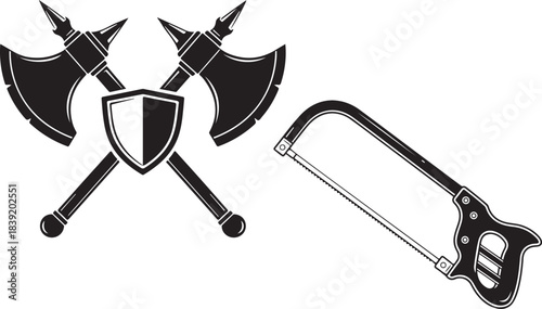 Collection of crossed battle axes and shield with saw icons