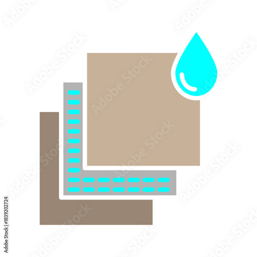 Layered Material with Water Drop Icon Minimal black icon showing stacked material layers with a water droplet, symbolizing waterproof fabric, multilayer protection, absorbent sheets, filtration system