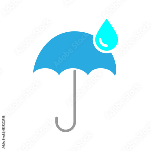 Umbrella with Water Drop Icon Simple black umbrella icon with a large water drop symbol, representing rain protection, waterproof features, climate safety, or weather insurance.