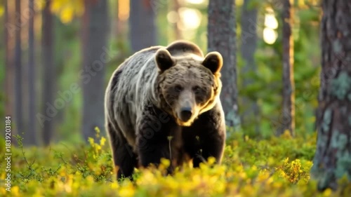 Majestic Brown Bear Walks Through Sunlit Forest Floor.