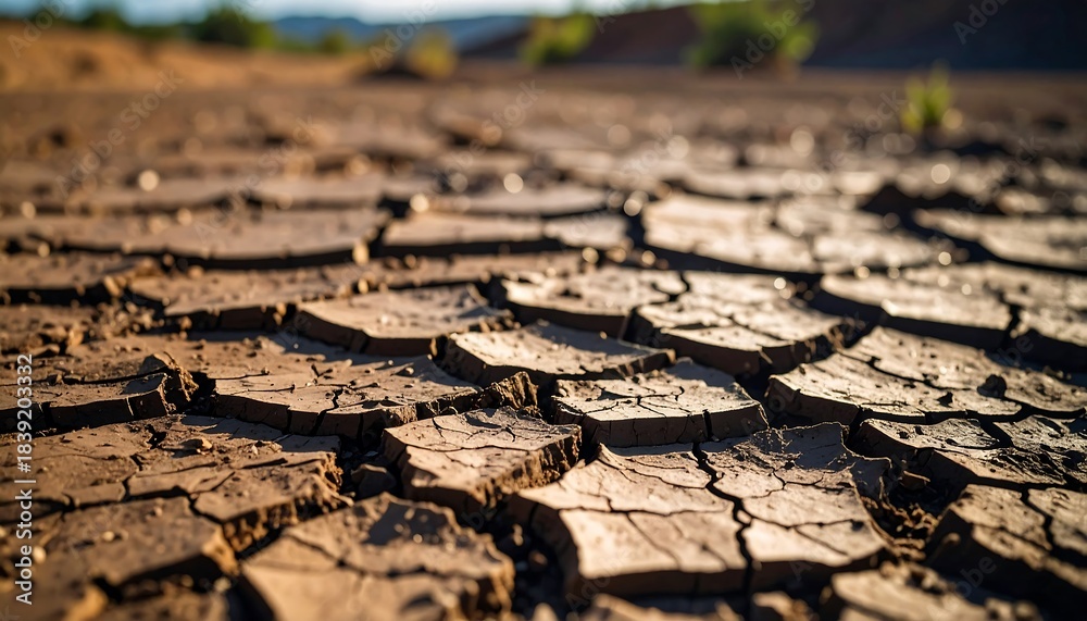 Obraz premium A detailed close-up showcases cracked earth, displaying arid conditions. The parched terrain is deeply fissured, revealing a dehydrated landscape. Brown soil dominates the frame