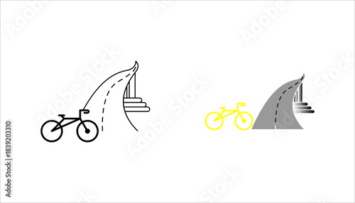 bicycle_road_icon set. minimalist  silhouette icon showing a bicycle next to a curved road with dashed lane markings, representing cycling routes, bike paths, and transportation concepts.