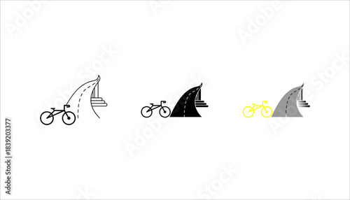 bicycle_road_icon set. minimalist  silhouette icon showing a bicycle next to a curved road with dashed lane markings, representing cycling routes, bike paths, and transportation concepts.