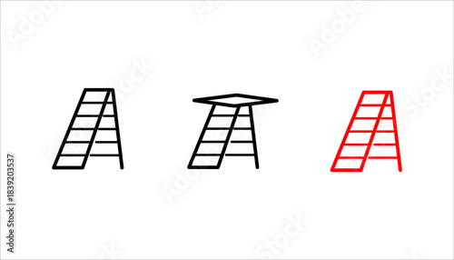 ladder_icon set. black outline icon of a tall ladder with a flat top platform, symbolizing climbing, construction, progress, elevation, and safety equipment.