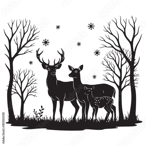 Black silhouette of deer family with snowflakes and bare trees fawn