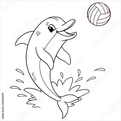 Cute cartoon vector illustration of a happy dolphin playing with a ball in the ocean for a coloring book or tattoo design