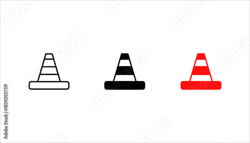 Traffic Cone Icon set. Simple  silhouette of a traffic cone used for road safety, construction zones, hazard warnings, and traffic control. Clean minimal vector design suitable for signage, infographi