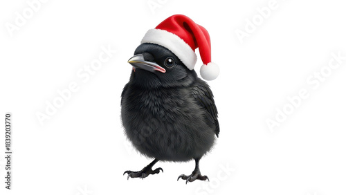 Cute little black bird wearing a red Santa hat, Christmas character isolated PNG with Transparent Background