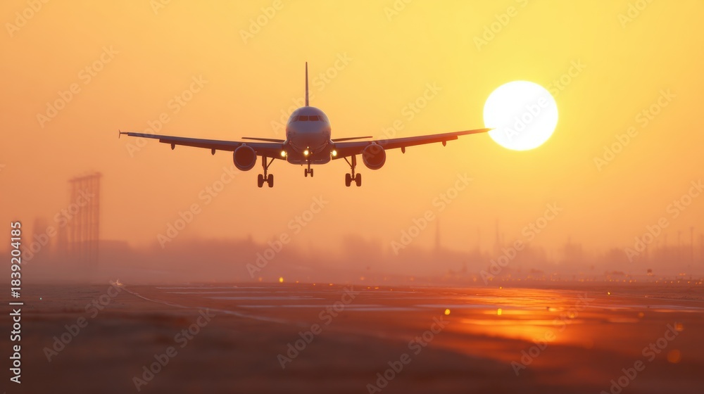 Fototapeta premium Airplane landing at sunset on a busy runway with city skyline in background