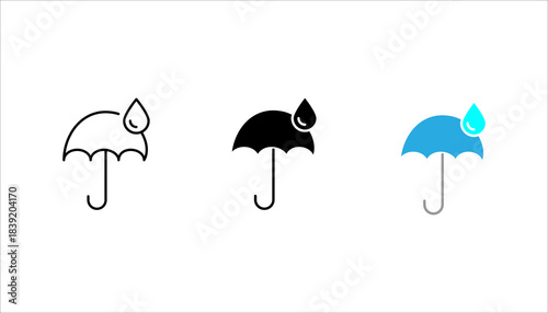 Umbrella with Water Drop Icon set. Simple black umbrella icon with a large water drop symbol, representing rain protection, waterproof features, climate safety, or weather insurance.