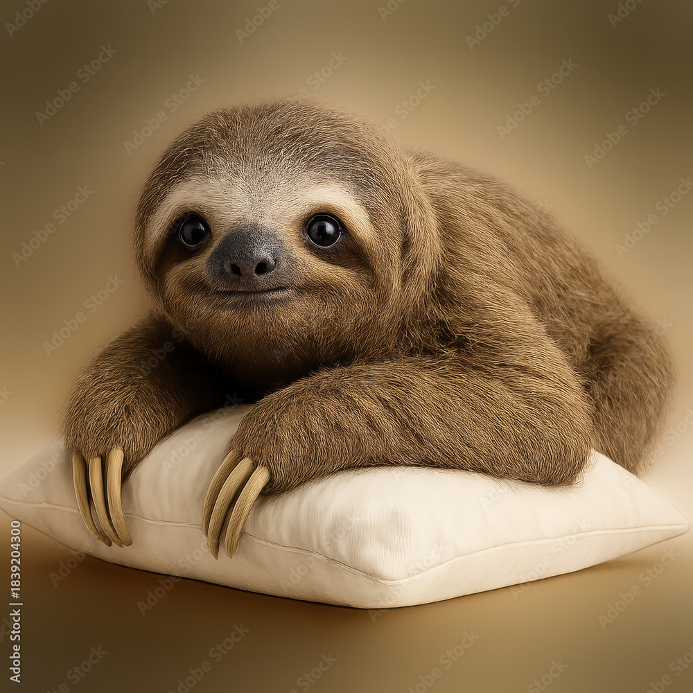 Fototapeta premium Cute sloth resting on soft white pillow with big eyes and long claws, cozy and calm animal in warm brown tones