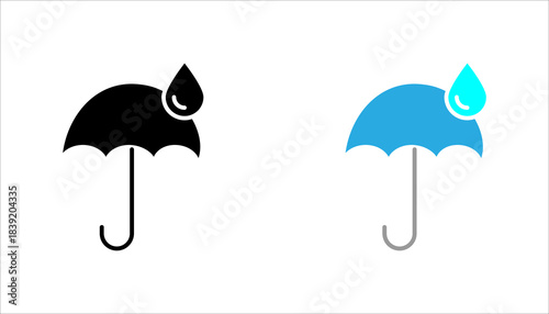 Umbrella with Water Drop Icon set. Simple black umbrella icon with a large water drop symbol, representing rain protection, waterproof features, climate safety, or weather insurance.