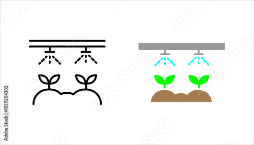 Automatic Plant Irrigation Icon set. Minimal black irrigation icon showing overhead sprayers watering growing plant seedlings. Represents smart farming, agriculture technology, hydroponics, 