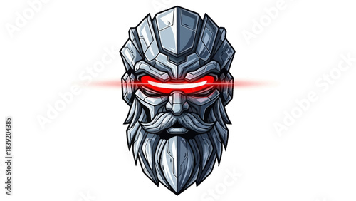 Digital illustration of a robotic head mascot with glowing red eyes against a clean white background.