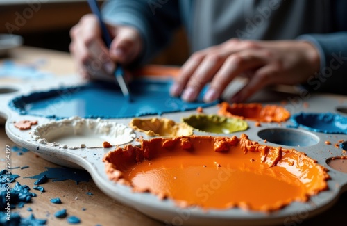 Artist mixing paint on palette with bright orange and blue acrylic colors