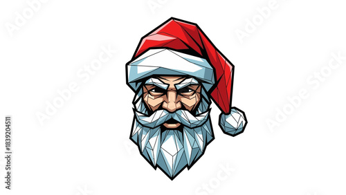 A cartoonish head mascot of Santa Claus wearing a red hat on a white background with a comical expression.