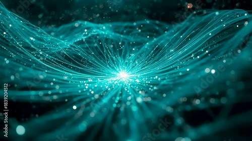 Turquoise digital waves flowing across a glowing particle field with bright central energy burst forming a dynamic futuristic motion scene