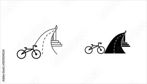 bicycle_road_icon set. minimalist  silhouette icon showing a bicycle next to a curved road with dashed lane markings, representing cycling routes, bike paths, and transportation concepts.