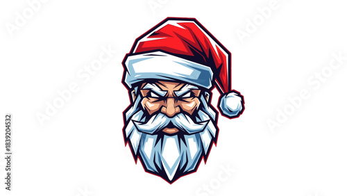A cartoon illustration of a grumpy Santa Claus head mascot wearing a red hat on a white background.