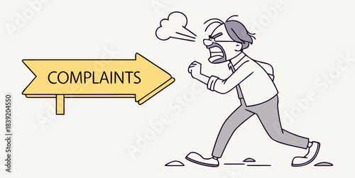  Angry Customer Walking Towards Complaints Department Sign