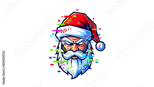 A cartoonish head mascot of Santa Claus with a grumpy expression, wearing a red hat with colorful glitch effects around it on a white background.