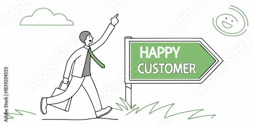 Happy Customer Walking Towards Success and Satisfaction Direction