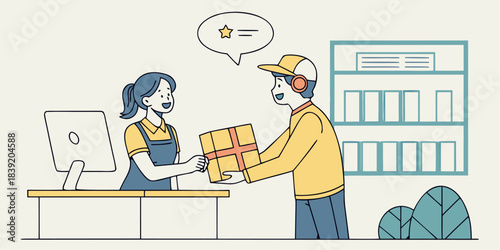 Courier Delivering Package to Office Receptionist with Feedback