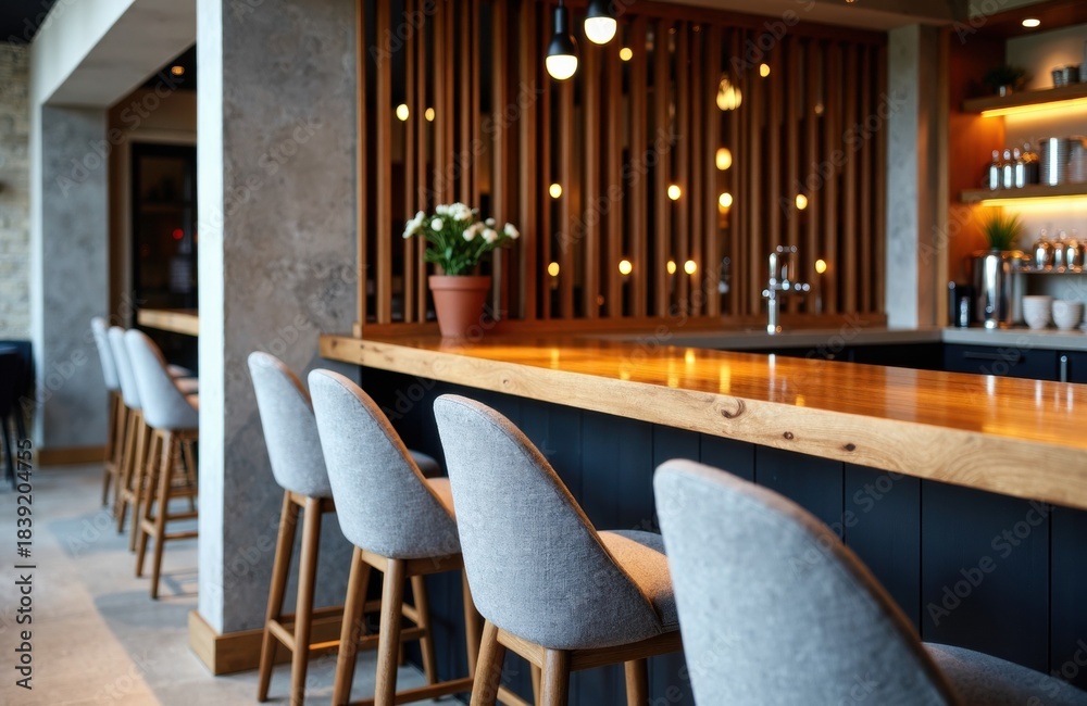 Naklejka premium Bar counter with upholstered stools in modern restaurant interior setting