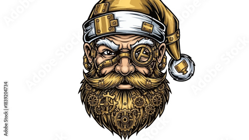 A cartoonish illustration of a santa head mascot with a long beard and goggles on a white background.