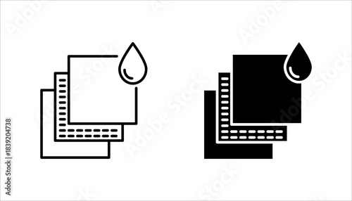 Layered Material with Water Drop Icon se t.Minimal  i showing stacked material layers with a water droplet, symbolizing waterproof fabric, multilayer protection, absorbent sheets, filtration system