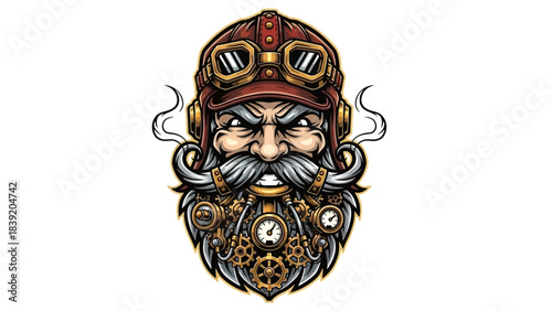 A steampunk-style head mascot with a bushy beard and goggles on a white background, showcasing industrial and vintage elements.