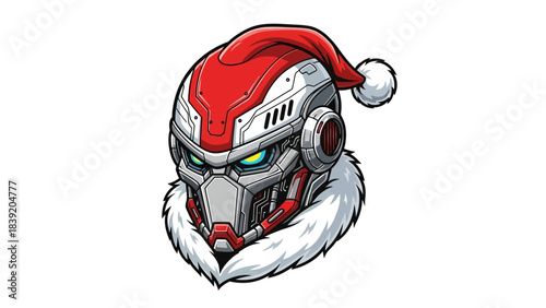 A robotic head mascot wearing a red Santa hat and white fur trim on a plain white background with a festive touch.