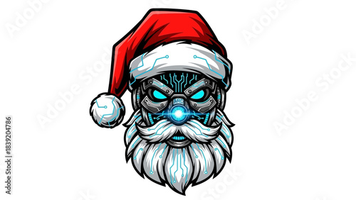 A cartoonish head mascot of Santa Claus with glowing blue eyes and a robotic face wearing a red Santa hat on a white background with a futuristic feel.