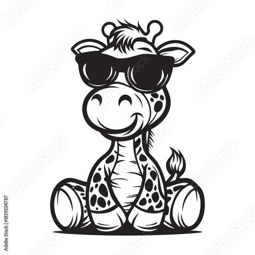 Cartoon giraffe sits with sunglasses looking ahead with a smile in a black outline