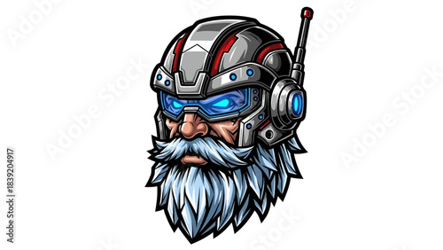 Cartoon illustration of a head mascot with a robotic helmet and futuristic blue goggles on a white background.