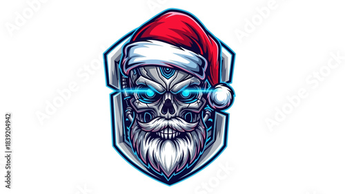 A cartoonish skull with a Santa hat and glowing blue eyes, forming a head mascot against a plain white background with a bold graphic design.