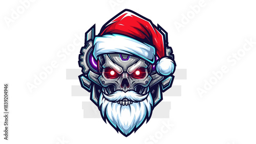 A cartoon-style illustration of a skull head mascot wearing a Santa hat with glowing red eyes and a white beard on a white background.