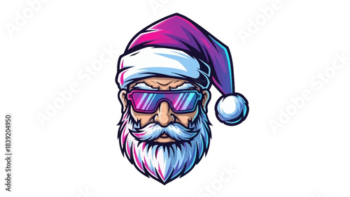 A cartoon illustration of a Santa Claus head mascot wearing sunglasses and a purple Santa hat on a white background with a vibrant and playful mood.